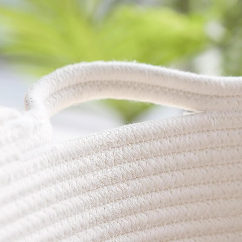 Image of Large Basket Natural Cotton Rope Storage Basket and Hamper for Cloths and Multi Usage in Living Room, Bedroom, Laundry Room (Size - 14 inch x 14 inch x 16 inch) (White Grey Black)