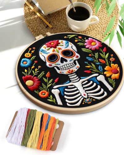 Image of TINDTOP Embroidery Kit for Adult Beginners, Embroidery DIY Starter Kit, with Stamped Patterns, Hoop, Tools, Colorful Threads with Needles, Instructions (Skeleton C)