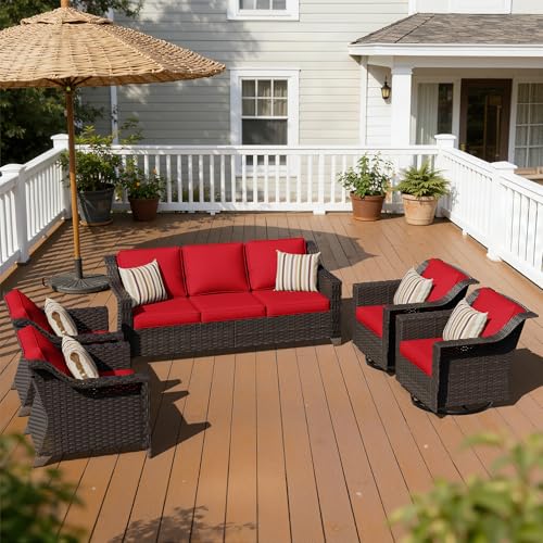 Image of 5 Piece Patio Furniture Set, Wicker Outdoor Conversation Set | Patio Chair Set with Olefin Removable Cushion, All-Weather Outdoor Couch with Deep Seat for Porch, Deck and Backyard, Red