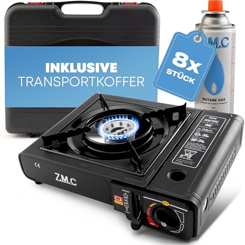 Z.M.C Gaskocher 1-flammig inkl. Adapter für LPG + Aufbewahrungskoffer + 8...