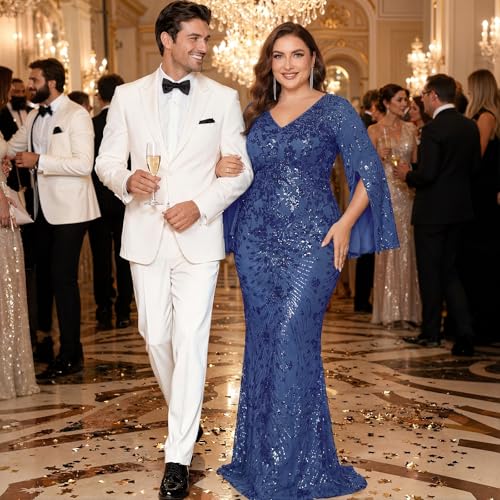 Image of Plus Size Formal Dresses for Women with Embroidery Sequin and Cape Sleeve, V-Neck Maxi Dress for Wedding and Party