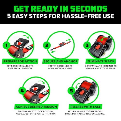 Image of Rhino USA Retractable Ratchet Straps (4-Pack) - 2 Inch x 10 Feet (3,033lb Break Strength) - Heavy Duty Auto Self Retracting Tie Down Straps for Truck, Cargo Trailer, Motorcycle, Rad & More - Red