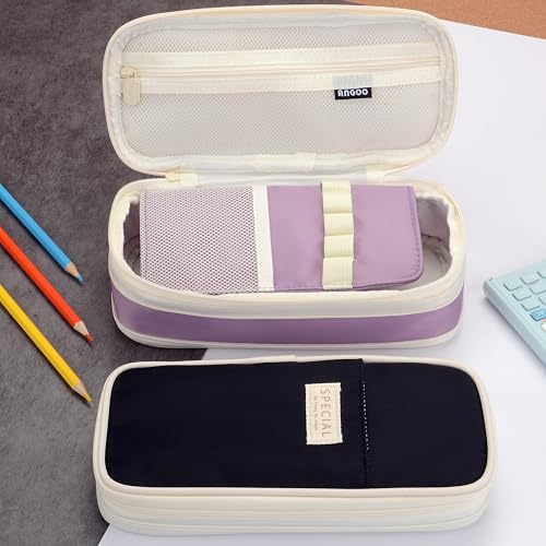 Image of Large Capacity Canvas Pencil Case Organizer Holder Pouch Bag with Zipper Compartments, Pen Cases for Women Girls School Adults (Purple)