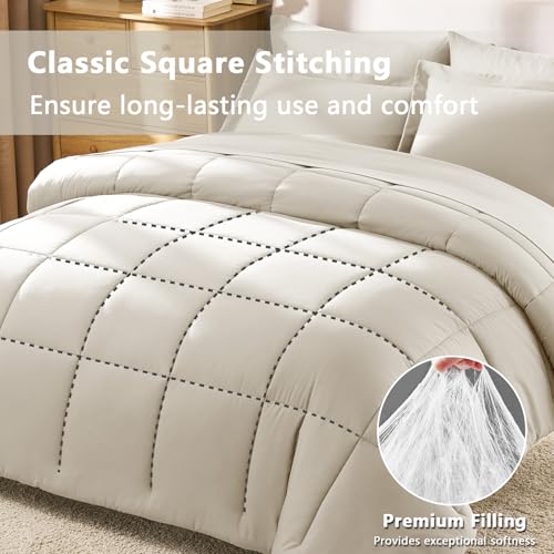 CozyLux Oatmeal Queen Comforter Set with Sheets - 7 Pieces Bed in a Bag Queen Bedding Sets, All Season Soft 7PC Bed Set with Oatmeal Comforter, Flat Sheet, Fitted Sheet, Pillowcases & Pillow Shams - Image 5