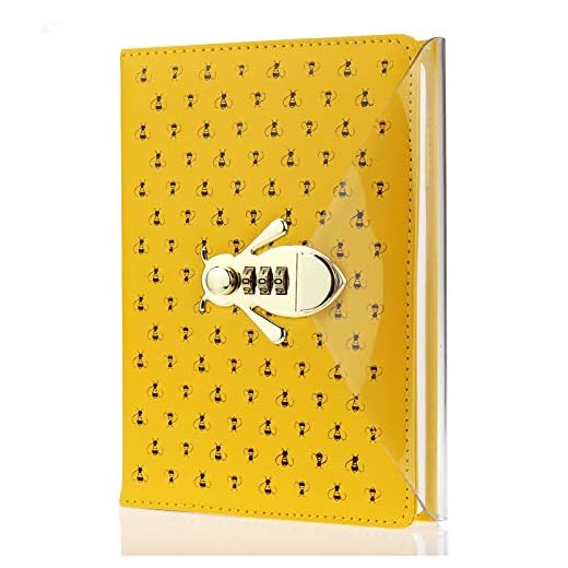 Mazeran Bee Shaped Combination Lock Journal, PU Leather Hard Cover Notebook Cute Diary, A5 Lined Password Locking Personal Planner Secret Organizer Gift for Girls Women Daughter