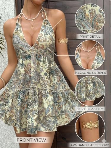 Image of KATECLO Women's Halter Backless Paisley Print Mini Dress - Summer Beach Vacation Sundress, Flowy A-Line Casual Resort Outfit