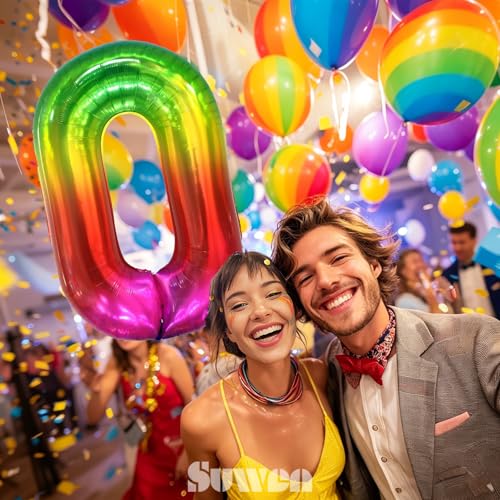 Image of SUWEN Rainbow Number 0 Balloon 40 Inch,Big Colorful Balloons 0-9 | Large Gradient Jelly 0th Helium Foil Mylar Number Multicolor Balloons for Birthday Anniversary Party Decorations