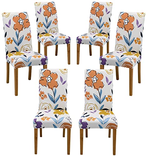 Comfy Gate 4,6,8 Pc Elastic Dining Chair Cover, Floral Chair Covers For Dining Room 6 Pack, 6Pc Machine Washable Parson Chair Slipcovers, Kitchen Chair Protector Set Of 4,6,8, White Orange #TOP8