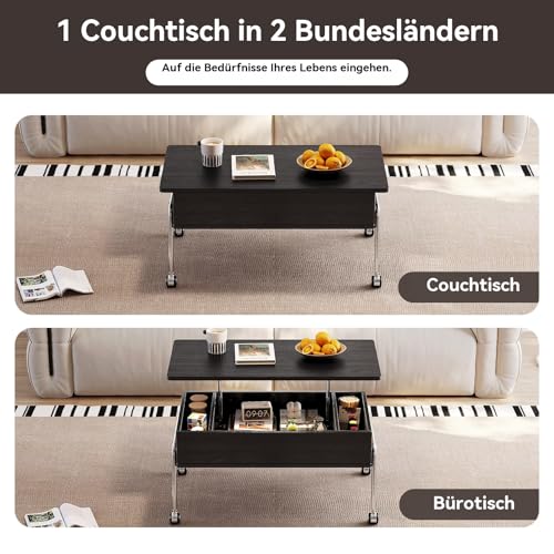 Guyii Couchtisch höhenverstellbar mit Stauraum, multifunktionaler Wohnzimmertisch höhenverstellbar, Lift-Top Couchtisch mit Fächern und Rollen, moderner Tisch für Wohnzimmer – Bild 6
