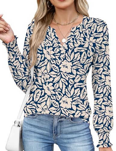 Ivicoer Long Sleeve Shirts for Women V Neck Pleated Blouses for Women Dressy Casual Fall Ladies Top 20254