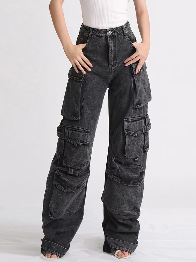Onsoyours Damen Y2K Baggy Hosen Freizeithosen E Girl Mode Aesthetic Schlaghosen Straight Jeans Vintage Gothic Punk Cargohosen Hip Hop Streetwear