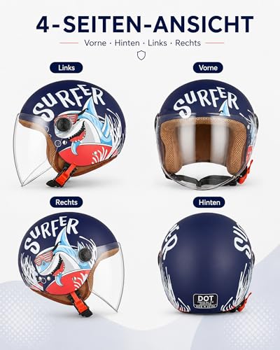 Miniatura 3 de Freeup Casco Moto Para Niños, Casco Jet Con Visera, Casco De Moto Para Niñas, Casco De Ciclomotor Para Niños, Bolsillo De Liberación Rápida, 48-55cm, Para Niños De 5 A 12 Años, Blau