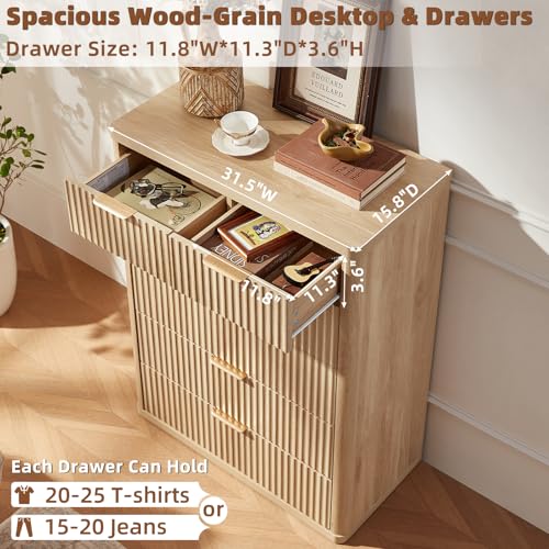 Image of LEYAOYAO Fluted 6 Drawers Dresser for Bedroom Set of 2, 42 inch Tall Modern Chest of Drawers with Metal Handle, Curved Profile Design,Wood Drawer Organizer for Bedroom,Living Room,Hallway,Natural
