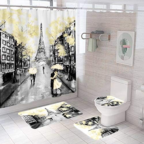 Jefuzh 4 Piece Yellow Black Paris Eiffel Tower Funny Bathroom Decor Retro Street Curtain Bathroom Accessories Sets Rugs Toilet Lid Art Shower Curtains Non-Slip 12 Hooks