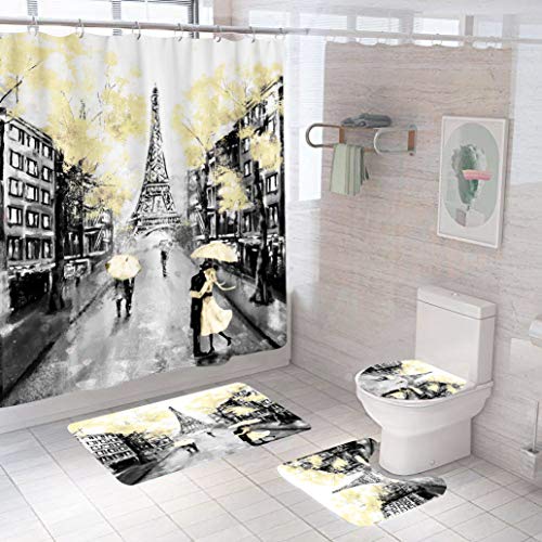 Jefuzh 4 Piece Yellow Black Paris Eiffel Tower Funny Bathroom Decor Retro Street Curtain Bathroom Accessories Sets Rugs Toilet Lid Art Shower Curtains Non-Slip 12 Hooks #TOP26