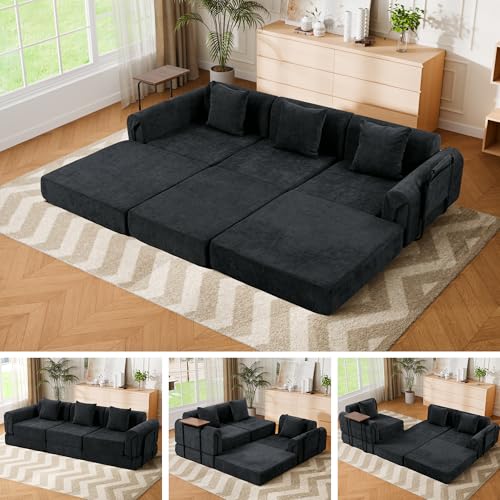 Image of 100 inch Oversized Convertible Sleeper Sofa Bed, Modular Sectional Cloud Sofa with Fixed-Shape Frame & Tabletop, Boneless Couch with Storage Pocket for Living Room, No Assembly Required, Black