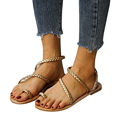 Aniywn Womenâs Flat Sandals Slip On Summer Gladiator Open Toe Braided Slingback Shoes Comfortable Dress Beach Sandal Gold