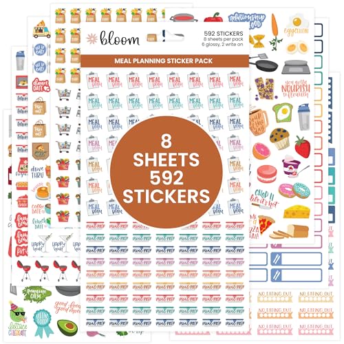 bloom daily planners Meal Planning Stickers - 8 Sheets / 592 Stickers - Essential Variety Pack for Menu Prepping, Grocery Shopping, Food & Diet Tracking - Colorful Quotes, Illustrations & Icons