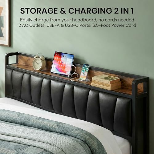 Image of LIKIMIO California King Bed Frame, Storage Headboard with Charging Station, Solid and Stable, Noise Free, No Box Spring Needed, Easy Assembly (Vintage and Black)