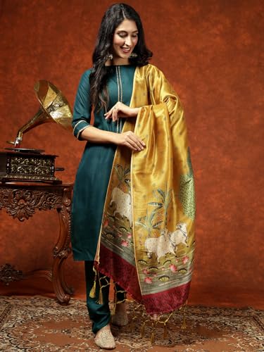 Image of EthnicJunction Women's Cotton Blend Kurta Pant Dupatta Set with Digital Print Dupatta | Karva Chauth Special Kurta