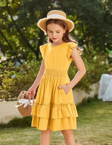 Image of Arshiner Girls Dresses Flutter Sleeve A-Line Sundress Casual Summer Tiered Swing Midi Pocket Dress