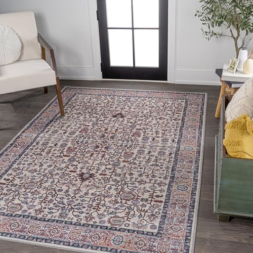 Image of JONATHAN Y Machine Washable Beige /Red /Blue Indoor Area Rug 5X8 ft, Kemer for Living Room, Bedroom, Kitchen, Office, Easy-Cleaning, High Traffic, Pet-Friendly, Non-Shedding WSH104C-5