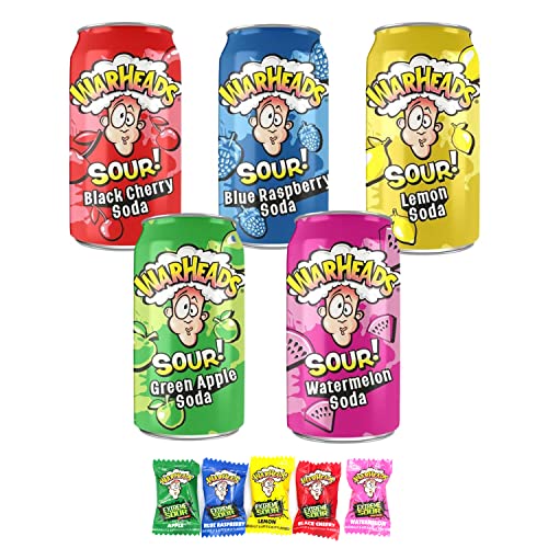 Warheads Sour Soda Pop Variety Pack, Five - 12 Oz. Cans Warheads Extreme Sour Candy - Blue Raspberry, Black Cherry, Lemon, Green Apple, Watermelon And 5 Pieces Of War Heads Candy #TOP3