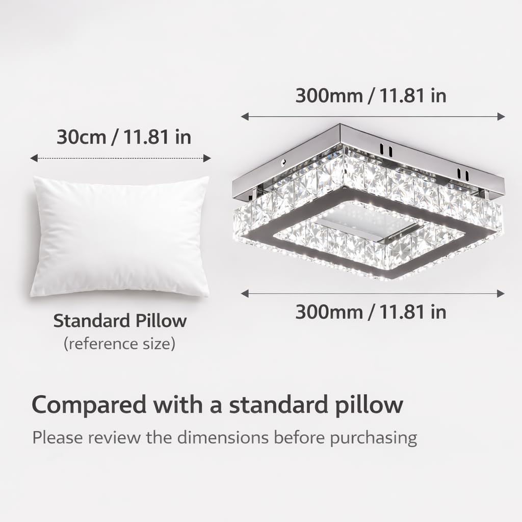 Crystal LED Ceiling Light Flush Mount, 6500K White Light Square Ceiling Fixture, K9 Crystal Stainless Steel 18W for Bedroom Kitchen Hallway