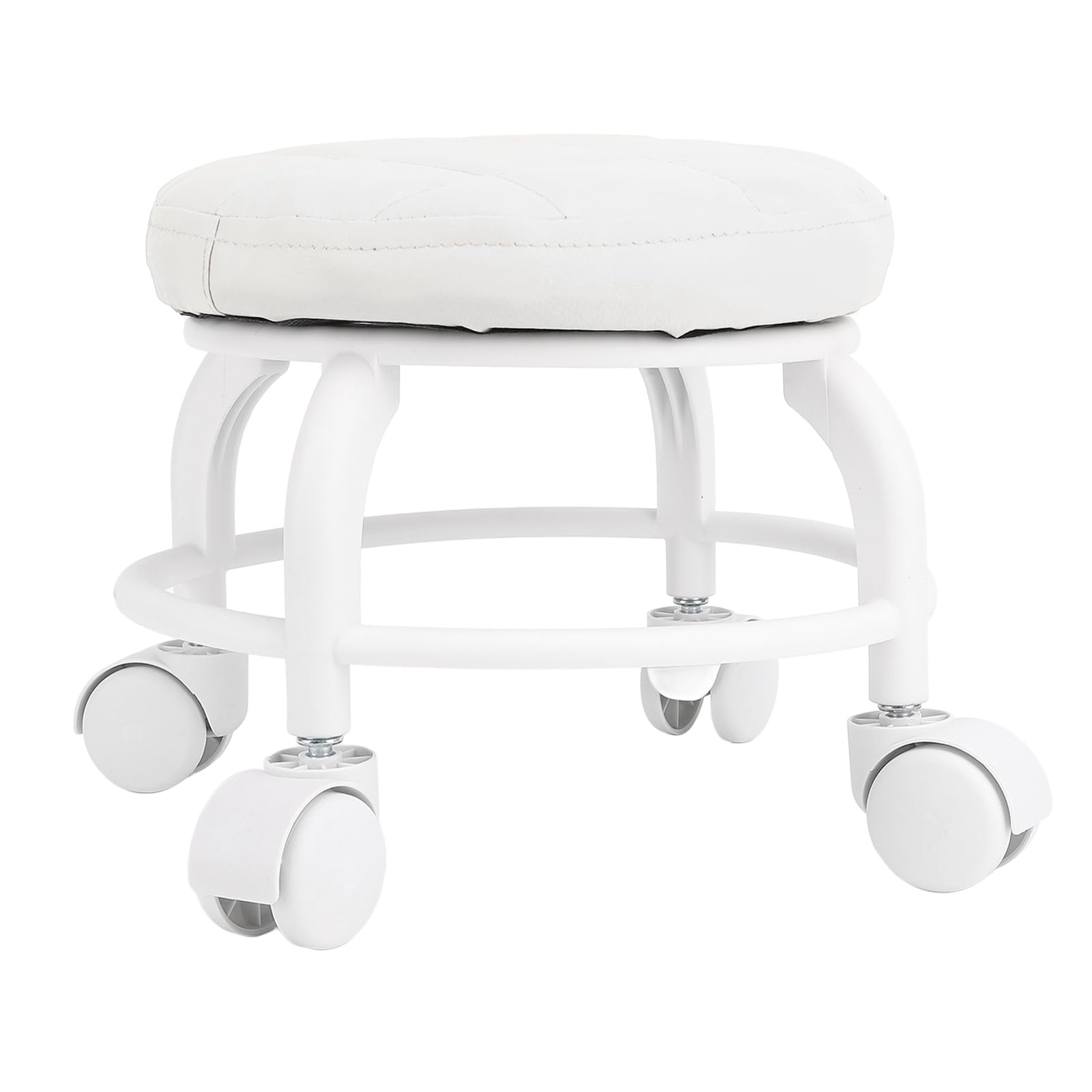 Sedile a rotelle basso, sgabello per pedicure con ruota girevole muta in pelle PU Sgabello rotondo con gradino rotolante per negozio di garage per ufficio domestico (Bianca)