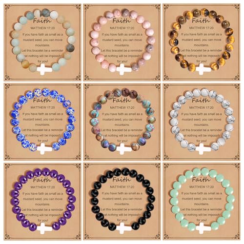 YVVLEE 9Pcs Cross Bracelets for Women Men Natural Stone Beaded Christian Bracelets Set Religious Cross Beads Bracelet Faith Easter Bracelets Jewelry