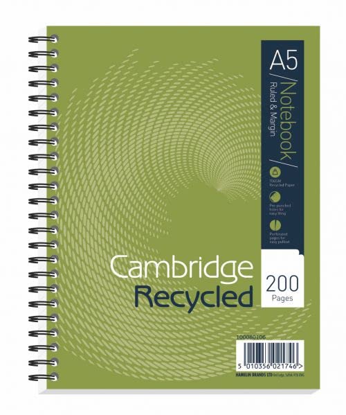 Cambridge Recycled NBK Wirebound 70gsm Ruled Margin Perf Punched 2 Holes 200pp A5+ Ref 100080106 [Pack 3] + Free finchley Refill Pen (4)