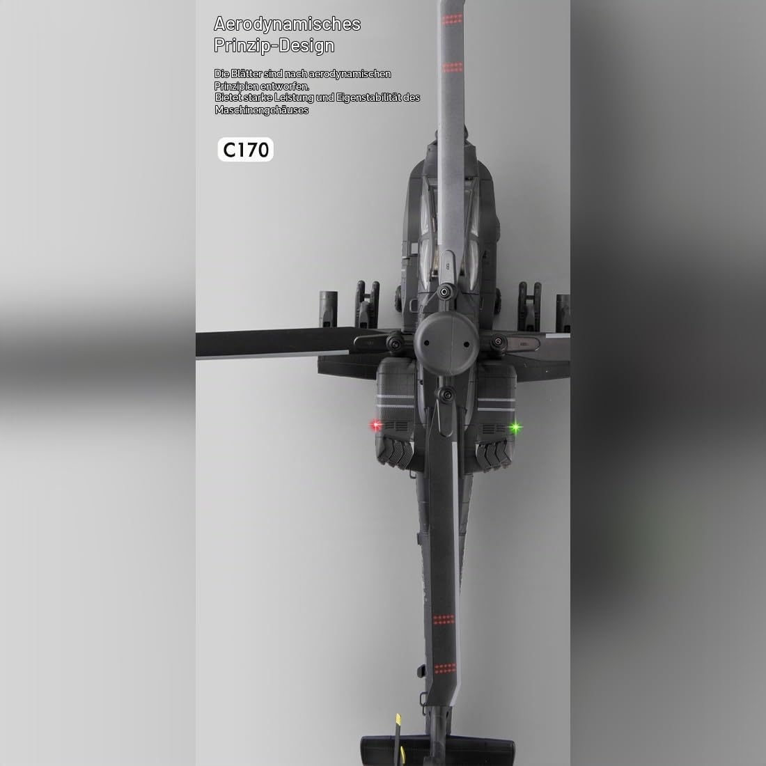 C170 AH-64D RC Hubschrauber im Maßstab 1:48 mit Ein-Tasten-Rückwärtsflug, 6-Kanal Flybarless Brushless RC Helikopter mit optischem Fluss und TOF-Höhenhaltung für Modellbauer - Armeegrün / 4 Batterie