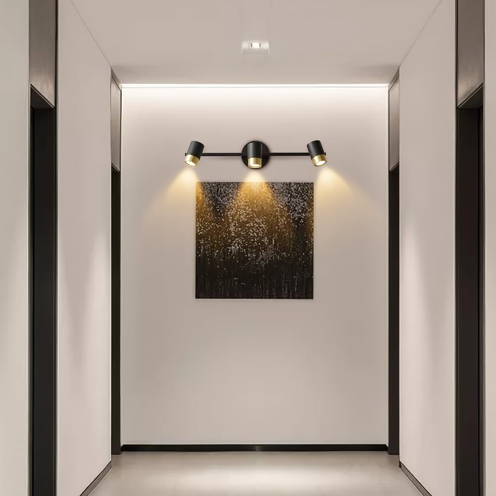 Aplique de pared negro, ajustable de 3 luces, luz de tocador, luz de cuadro, lámpara de arte moderno de 22 pulgadas, luz de montaje en pared cableada, luces puntuales giratorias para sala de estar