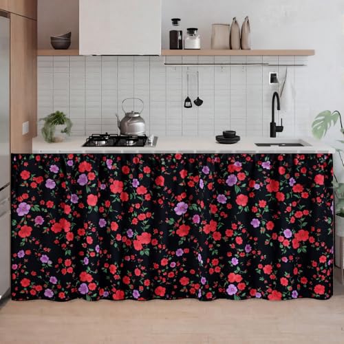 Image of Premium Printed Kitchen Sink Curtain | Washable & Dustproof Rod Pocket Counter Skirt | Perfect for Any Sink | Multicolor Cooking Theme Decor for Home & Kitchen(150cm X 70cm) (Red Rose)