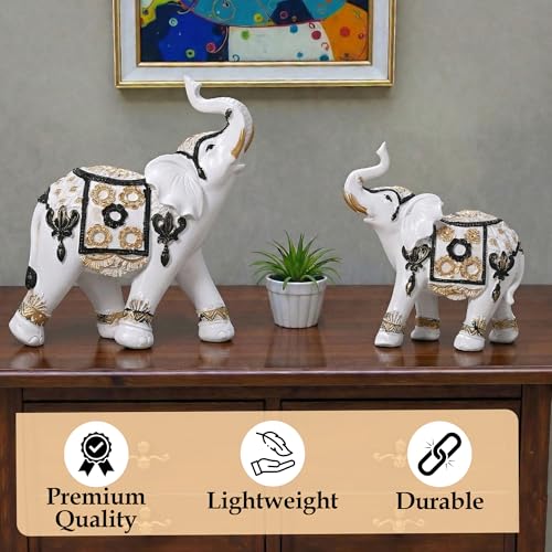 Image of Kuber Industries Set of 2 Elephant Figurines Idol for Home Decor | 6x5.5 Inch Resin Vastu Wealth, Prosperity Gift for Diwali & Housewarming | White & Golden