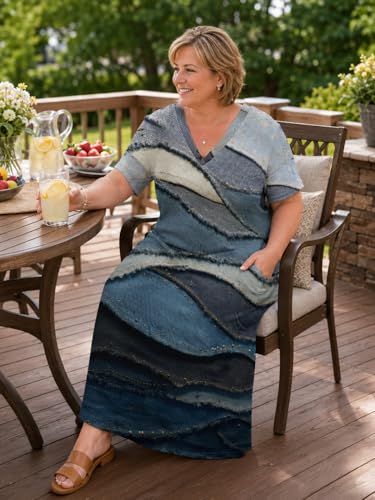 Image of SUZONANA Plus Size Denim Print Maxi Dresses for Women Casual V Neck Short Sleeve with Pockets Soft Jean Look Dress XL-6XL