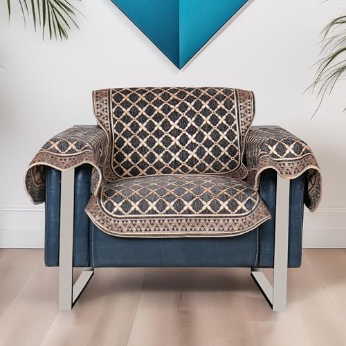 Image of Premium Chenille Woven Anti-Slip 1 Seater Sofa Cover with Arm Rest | L-Shape Sofa Seat Protector for Living Room | Durable & Stylish Slipcover - Dark Grey