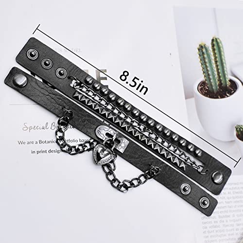 NIGHTCRUZ Punk Leather Chain Bracelet, Goth Leather Wristband with Heart, Rock and Roll Bracelet for Men Women2