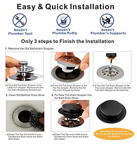 Image of Artiwell Universal Tip Toe Bath Drain Stopper and Cover, Bathtub Drain Stopper, Replaces lift and turn, Tip-Toe and Trip Lever drains for Tub, EZ Installation and Clearing (MATT BLACK)