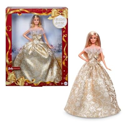 Barbie Signature Barbie Felices fiestas 2025 Muñeca de moda con el pelo rubio  con vestido dorado y plateado  muñeca de temporada para coleccionistas  incluye embalaje para exponer y soporte  JBJ00