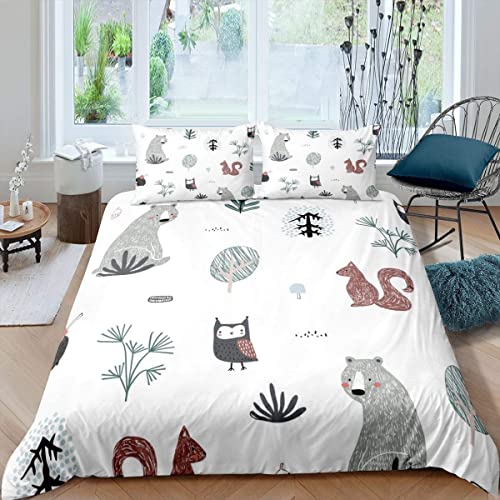 Parure de Lit 160x200 Animaux de Dessin Animé Blancs, Housse de Couette 160x200 avec Fermeture Éclai, Ensemble de Literie pour Adulte Enfant avec Parure Couette + 2 Taie d'oreiller 65x65 cm Cover