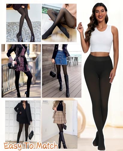 Image of DOCUMO Fleece Lined Tights for Women Thermal Pantyhose Winter Warm Fake Translucent Tights High Waisted Thick Leggings