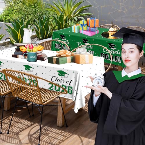 Image of 2026 Graduation Decorations,Congrats Grad Tablecloth 2pcs White Green Class of 2026 Table Covers Rectangle for Graduation Party Supplies,108x54inch (Green)