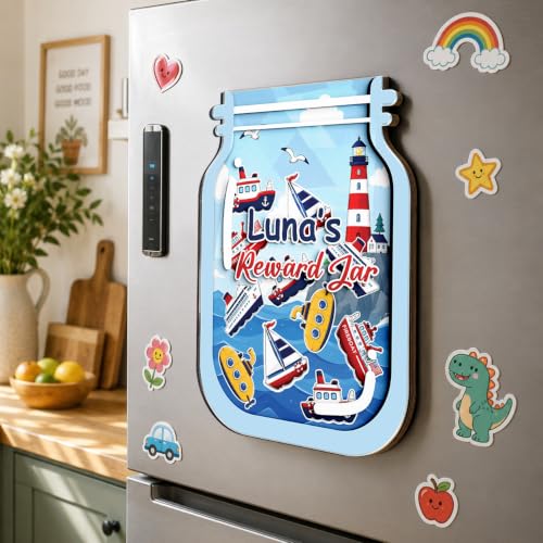 Image of Personalized Nautical Magnetic Reward Jar for Kids, Classroom Rewards Jar, Wooden Positive Behavior System with Boat Tokens, Potty Training Reward Jars for Toddler, Back to School, Classroom Decor