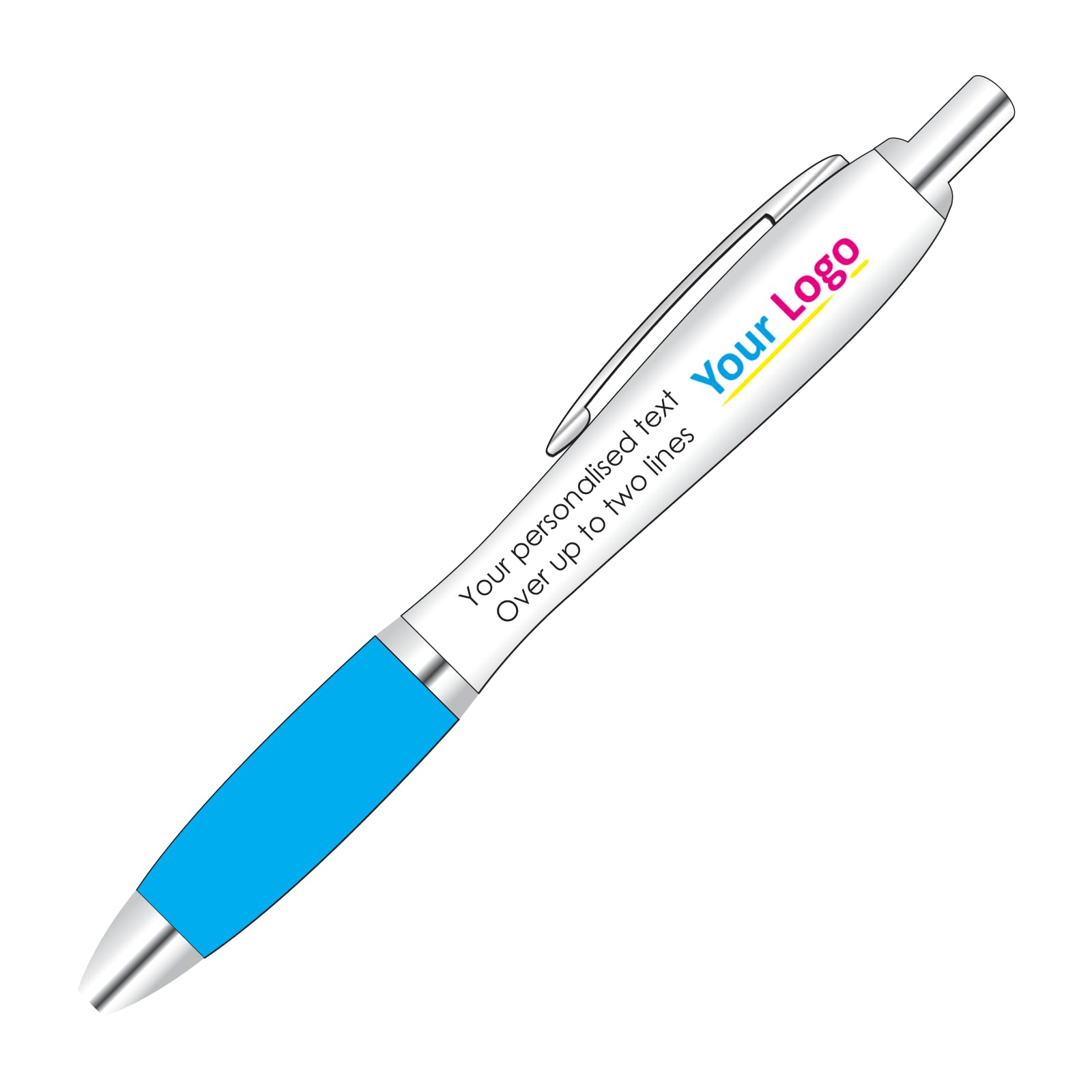 Full Colour Printed Logo Pens x 30 With Personalised Text Options for Custom Promotion With Light Blue Colour Grip.