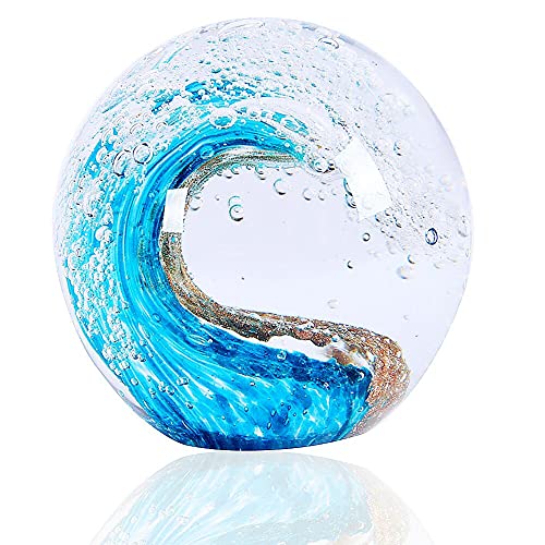 EUSTUMA Hand Blown Glass Figurines Ball Ocean Waves,Office Paperweight Glass ...