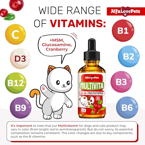 Liquid Multivitamin for Dogs – Cat Multivitamins for Indoor Cats – 10-in-1 Liquid Dog Vitamins B Complex, C, D3 – Digestion, Urination, Hip & Joint, Skin & Coat – Cranberry Flavor – 2 Oz