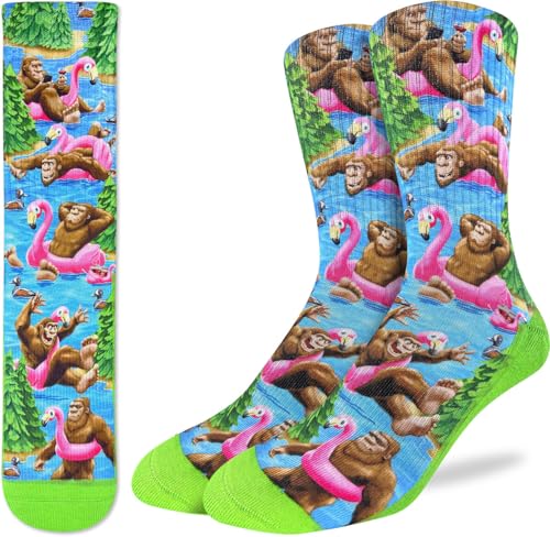 Good Luck Sock Mens Bigfoot Floating Down Lake Socks Adult Shoe Size 8-13