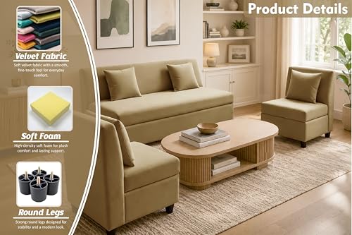 Image of 3+1+1 Modern Velvet Fabric Sofa Set for Living Room | Three Seater Sofa with 2 Single Seater Chairs | for Home, Office| Golden