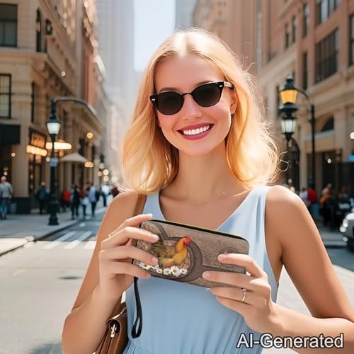 Image of Bulopur Custom Name Wallet for Women Daisy Chicken Wristlet Wallet Large Capacity PU Leather Zip Around Wallet Clutch Purse for Cash /Card /Coin /Smart Phone Envelope Long Wallets Travel Passport Holder